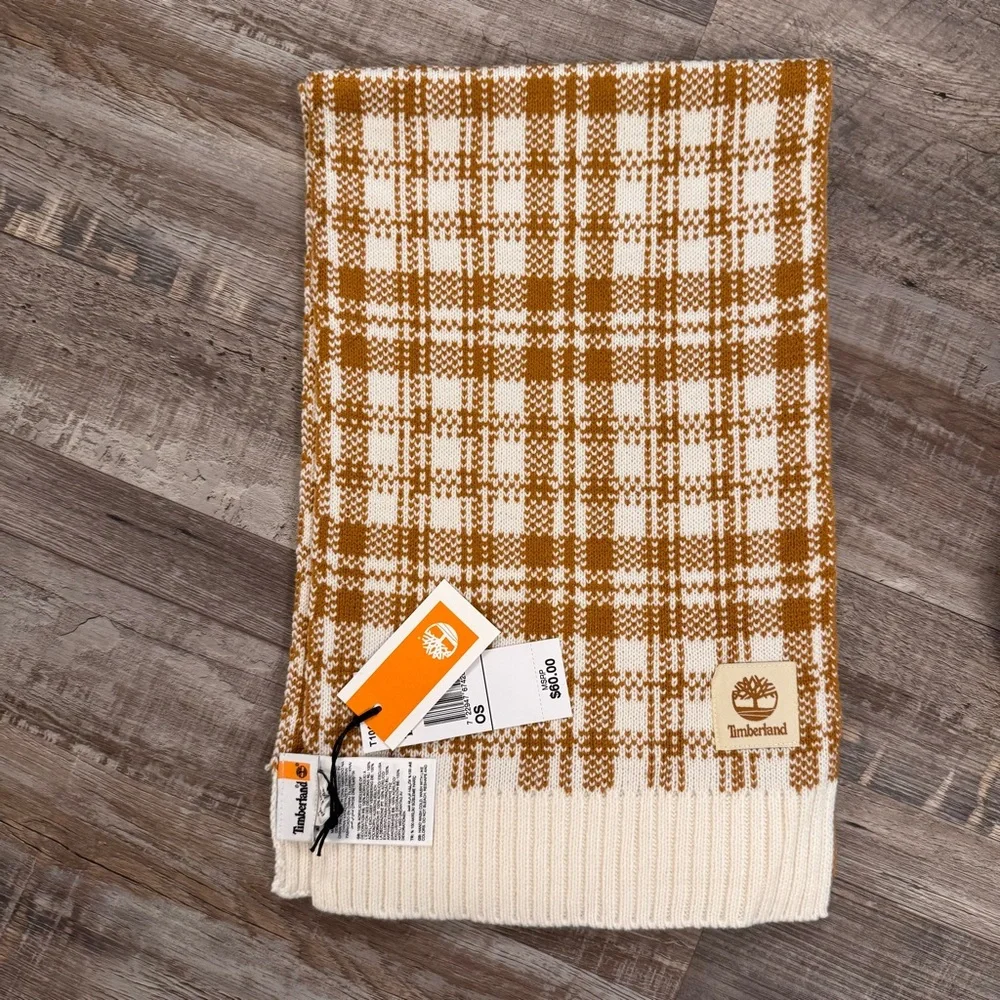 NWT Timberland Plaid Knit Scarf OS Brown Cream $60 MSRP